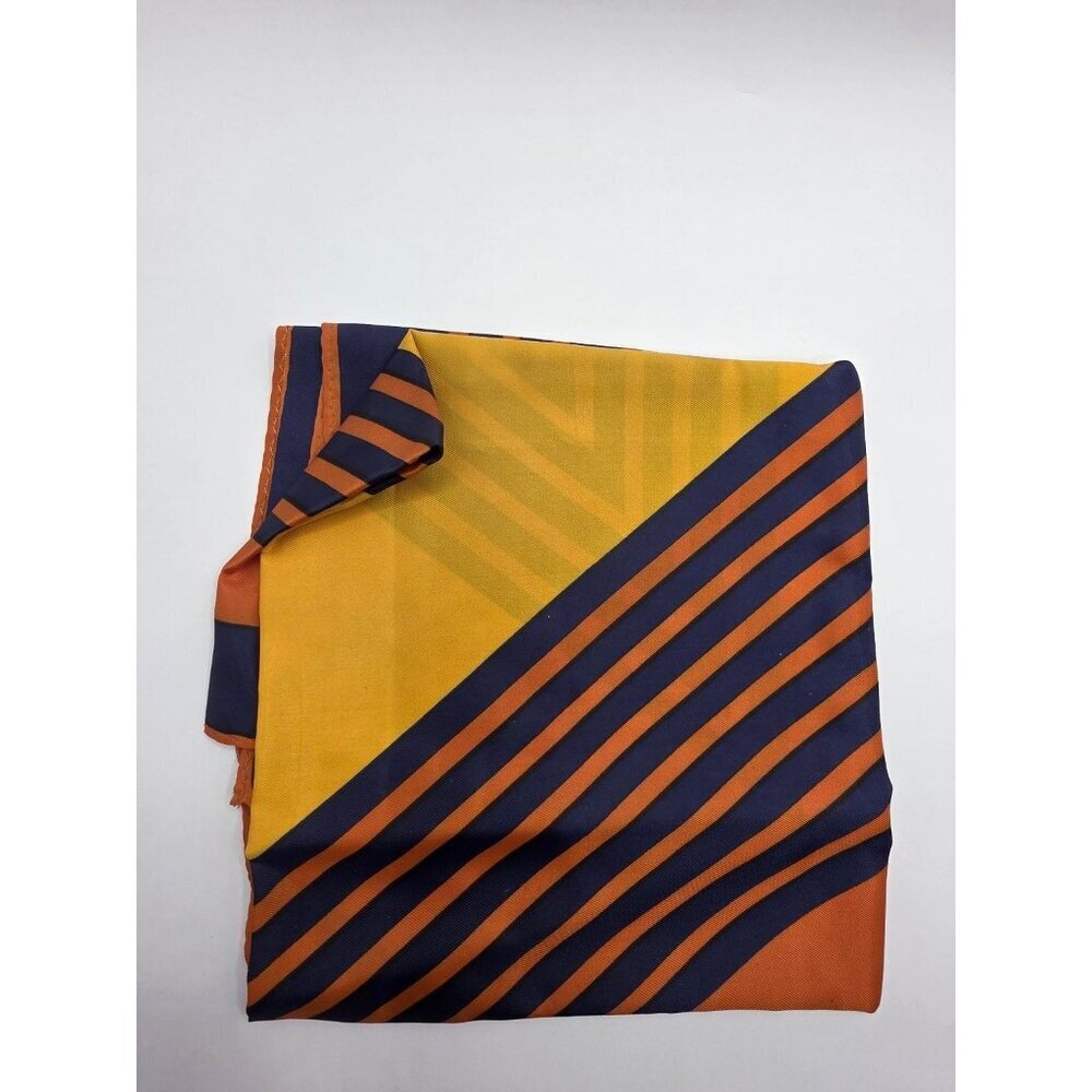 Vintage Scarf Navy Blue Orange Yellow 27x27 Geometric Striped Silk Feel 70s